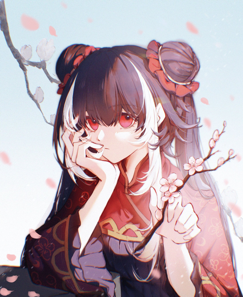 1girl, branch, cherry_blossoms, double_bun, falling_petals, flower, hair_bun, highres