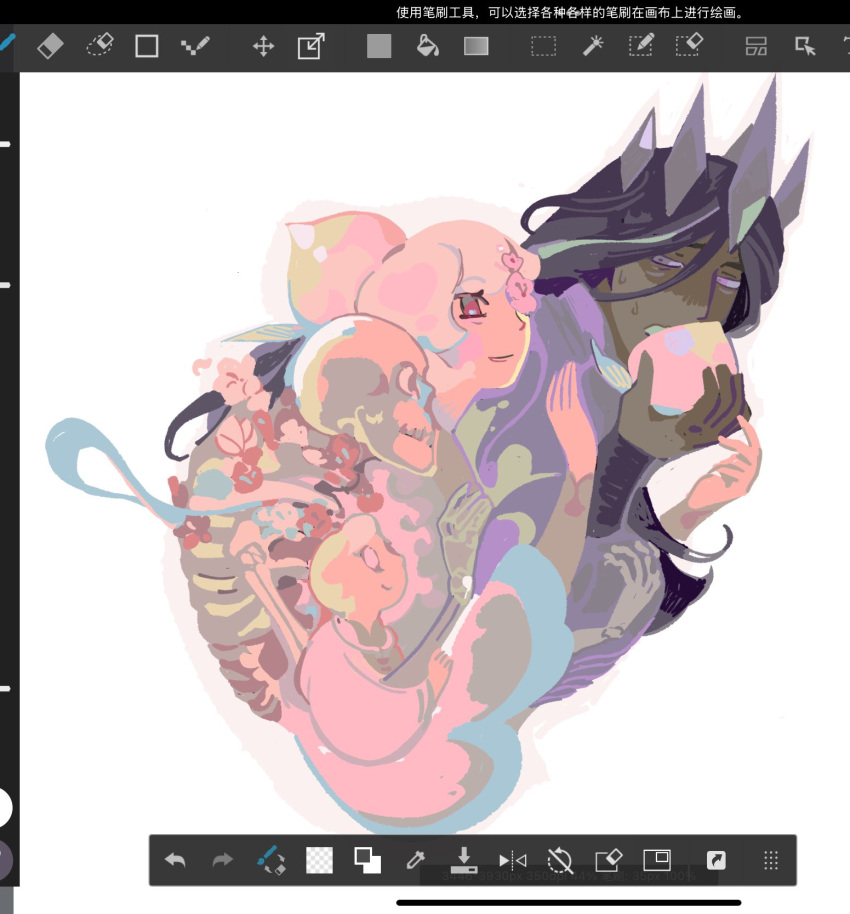 3boys, cherry_blossoms, cookie_run, cookie_run:_kingdom, crown, dark-skinned_male, dark_cacao_cookie, dark_skin, food, fruit, highres, holding, holding_food, holding_fruit, long_sleeves, looking_at_another, multiple_boys, peach_blossom_cookie, skeleton, smile, sweatdrop, teomo_(teomoteamo0711), violet_eyes