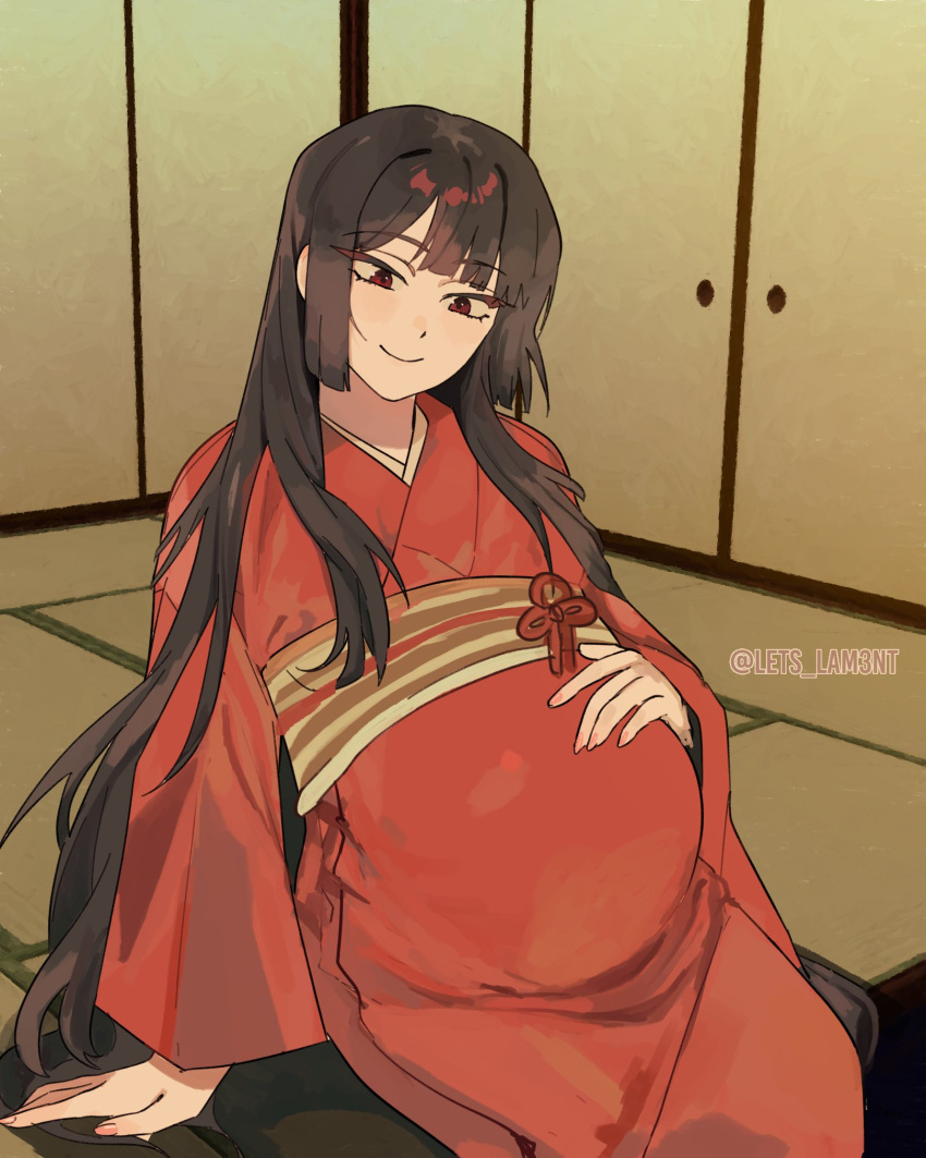 1girl, artist_name, black_hair, blunt_bangs, commentary, english_commentary, hand_on_own_stomach, highres