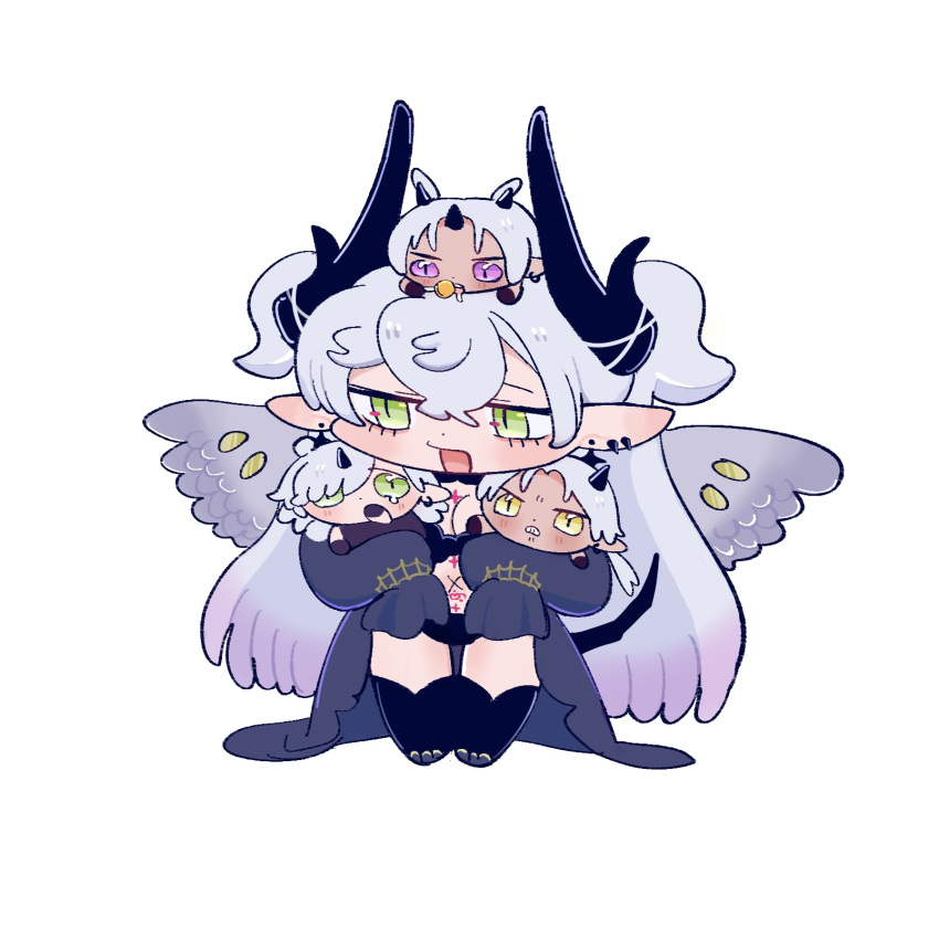 4girls, black_dress, breasts, demon_girl, demon_horns, demon_wings, dress, extra_horns