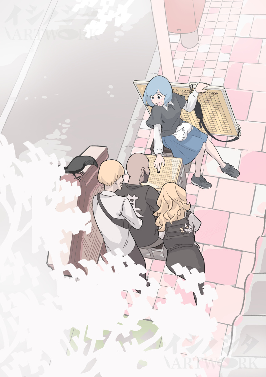 2boys, 2girls, :d, absurdres, animal_on_lap, backpack, bag, bald