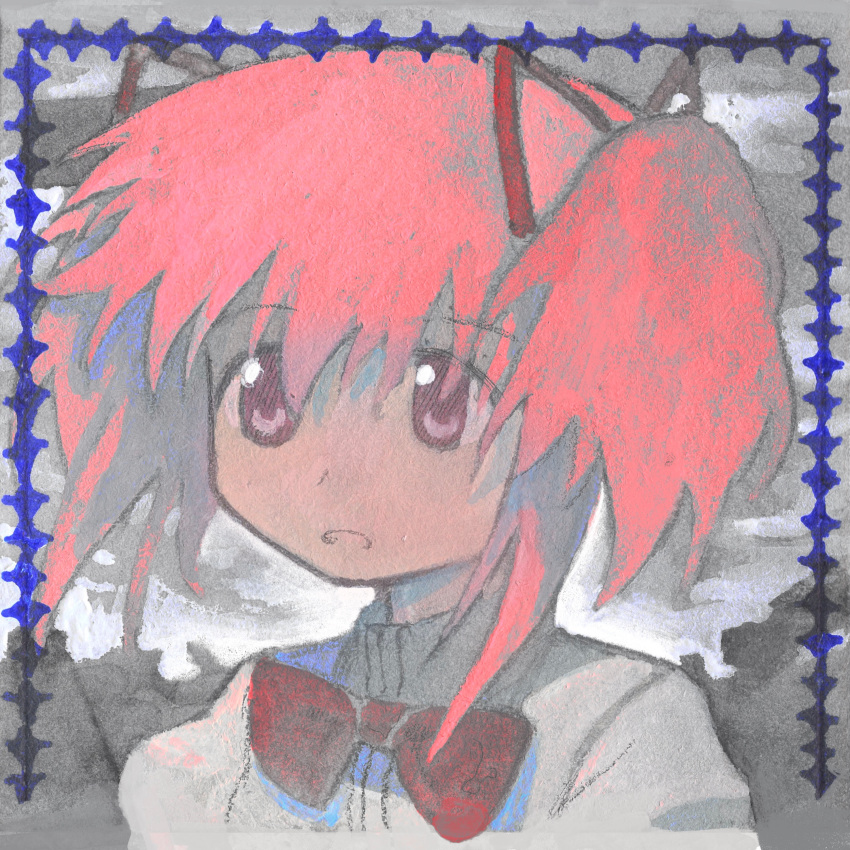 1girl, absurdres, bow, grey_sky, highres, inset_border, kaname_madoka, looking_ahead