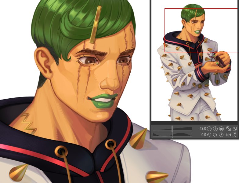 1boy, adobe_photoshop, atalajoestar, black_hood, brown_eyes, commission, green_hair, green_lips