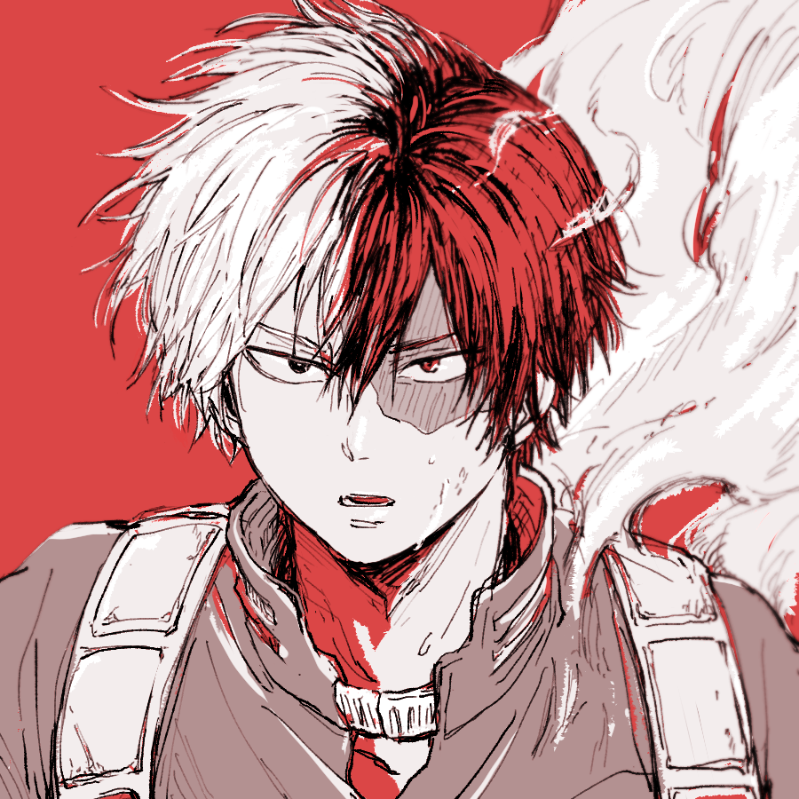 1boy, boku_no_hero_academia, burn_scar, hair_between_eyes, heterochromia, male_focus, multicolored_hair, open_mouth, oshiooo3, red_hair, scar, scar_on_face, short_hair, smoke, solo, split-color_hair, superhero_costume, sweat, todoroki_shoto, two-tone_hair, white_hair