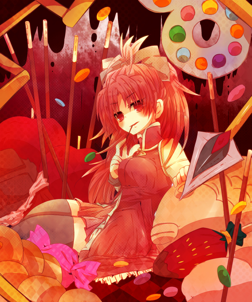 bad_id, bare_shoulders, black_legwear, black_thighhighs, candy, detached_sleeves, eating, food