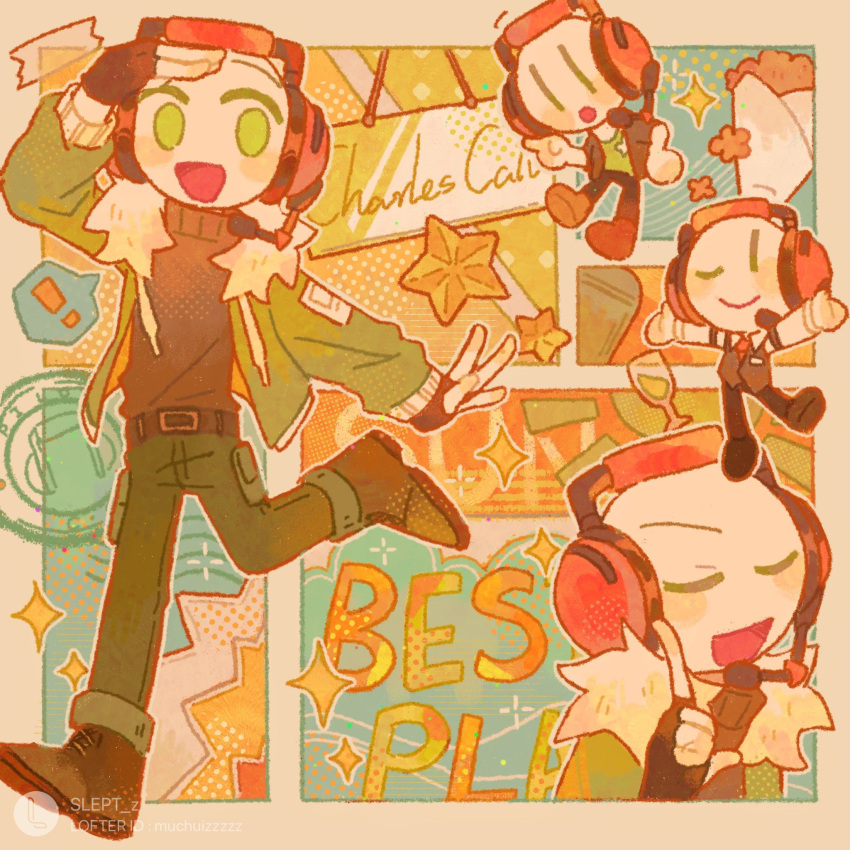 !, 1boy, :d, ;), ankle_boots, arm_up, bald, belt