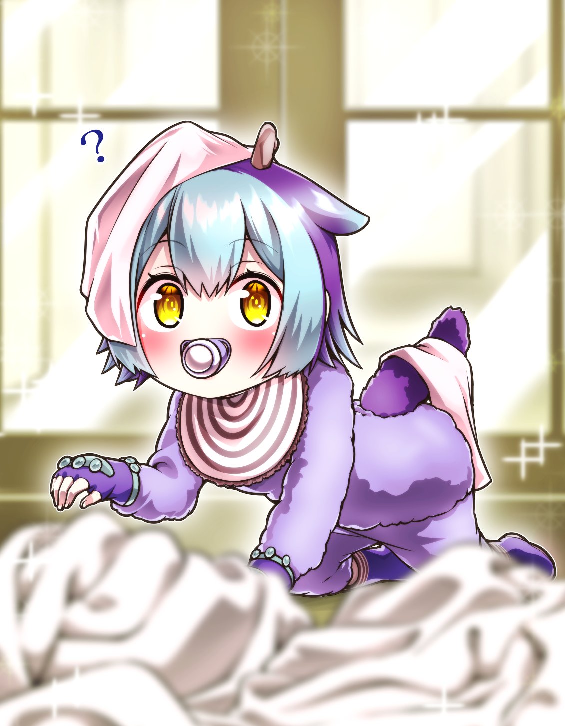 1girl, aged_down, all_fours, baby, blonde_hair, blue_hair, blurry, blurry_background