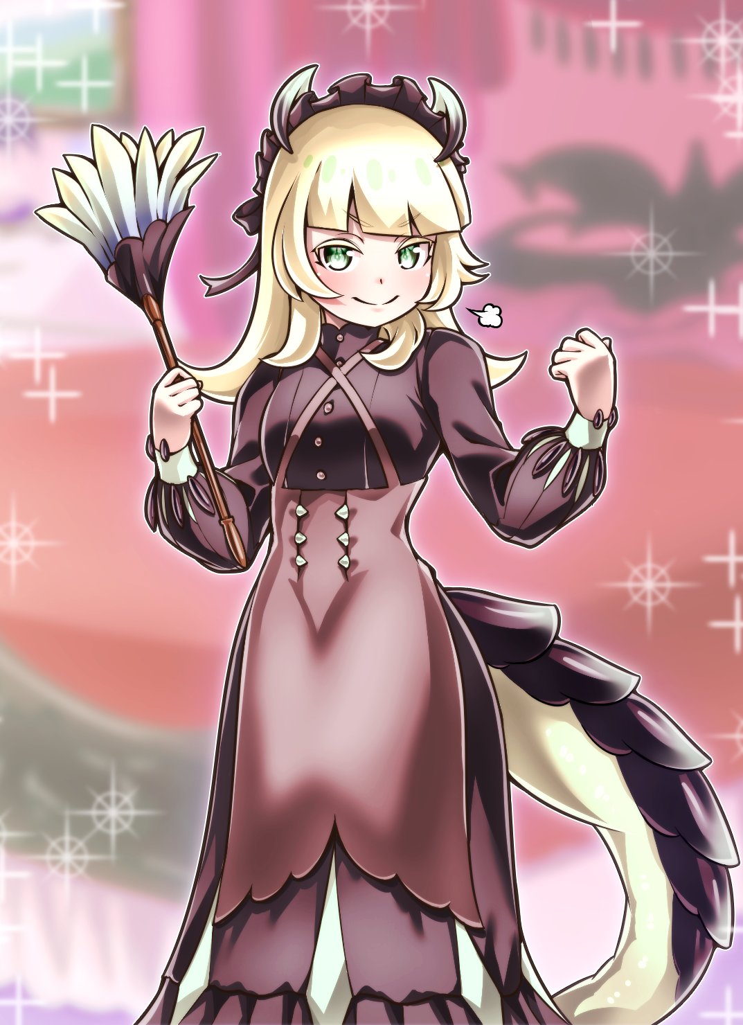 1girl, aged_down, black_dress, black_tail, blonde_hair, blurry, blurry_background, breasts