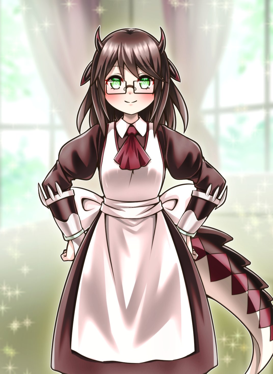 1girl, aged_down, black_dress, black_horns, black_tail, blurry, blurry_background, cowboy_shot