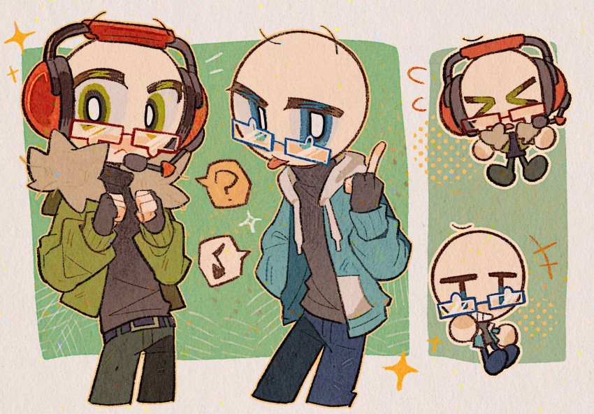 >_<, +++, 2boys, :<, ?, bald, belt, bespectacled