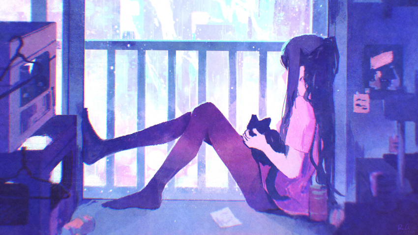 1girl, absurdres, animal, black_pantyhose, can, cat, cityscape, commentary