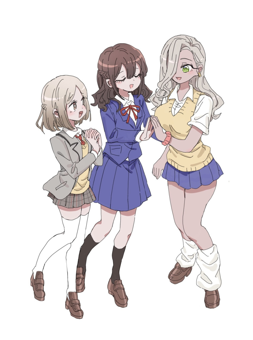 3girls, :d, black_socks, blue_jacket, blue_skirt, braid, brown_eyes, brown_hair