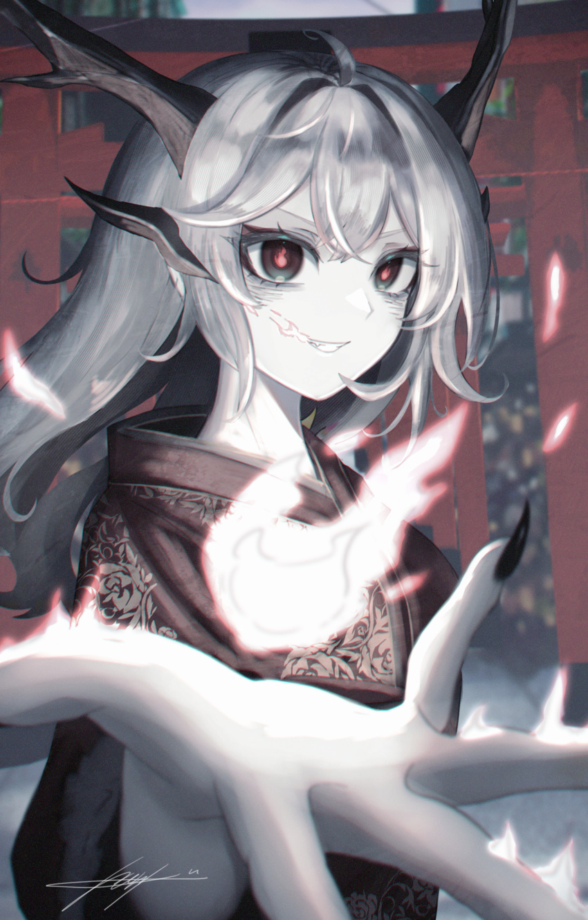 1girl, absurdres, dragon_girl, dragon_horns, embers, fire, flaming_eyes, flaming_mouth