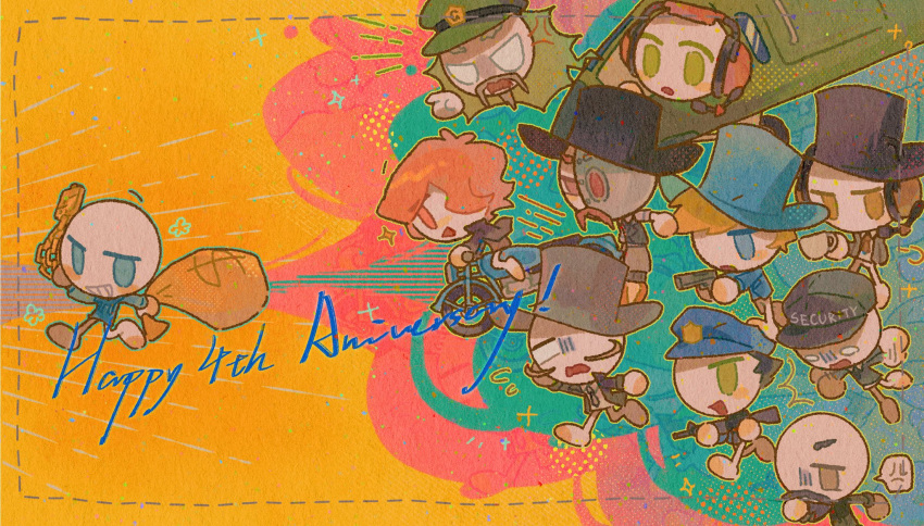 1girl, 6+boys, :d, aircraft, anger_vein, antenna_hair, aqua_outline, bag