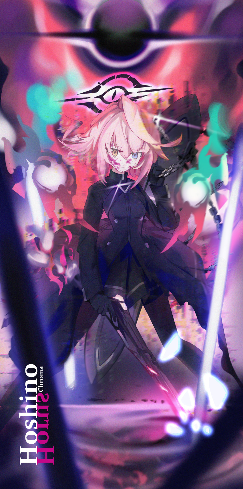 1girl, absurdres, ahoge, black_gloves, blue_archive, blue_eyes, broken_halo, character_name