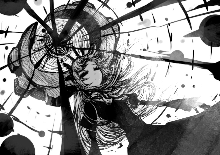 1girl, closed_eyes, deus_ex_maki-chan, dress, energy, floating_hair, greyscale, highres, long_hair, monochrome, nazo_no_diaboro, original, sketch, solo
