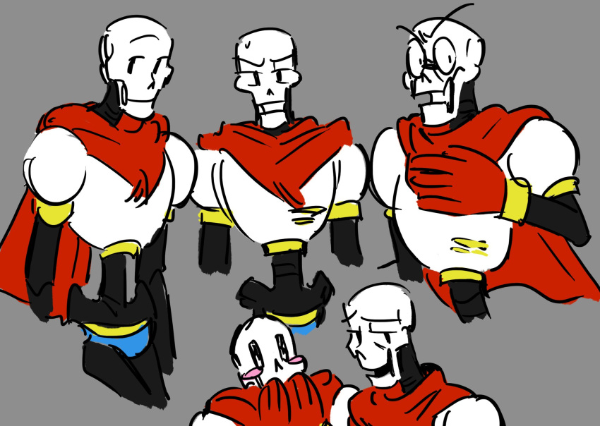 1boy, 2022, 2d, armor, bad_id, bad_twitter_id, blue_shorts, blush_stickers, cape, carne_392f, cropped_legs, digital_media, flat_color, gloves, grey_background, highres, humanoid, inactive_account, male, male_focus, male_only, monster, monster_boy, multiple_views, papyrus_(undertale), red_cape, red_gloves, shorts, simple_background, skeleton, solo, teeth, undead, undertale, utdr_(toby_fox), white_armor