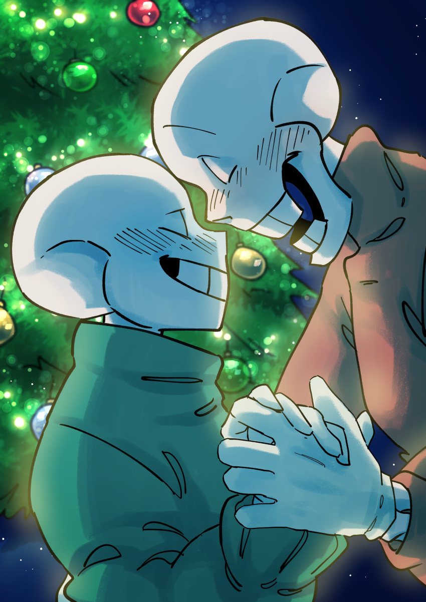 2023, 2boys, 2d, absurdres, alternate_costume, brothers, christmas, christmas_ornaments, christmas_tree, closed_eyes, digital_media, duo, forehead-to-forehead, gloves, green_sweater, height_difference, highres, holding_hands, humanoid, interlocked_fingers, male, male_focus, male_only, mittyan5111, monster, monster_boy, multiple_boys, orange_sweater, papyrus_(undertale), sans_(undertale), siblings, skeleton, smile, sweater, teeth, undead, undertale, upper_body, utdr_(toby_fox), white_gloves