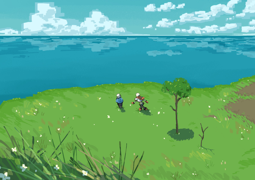 2023, 2boys, 2d, armor, black_shorts, blue_jacket, blue_shorts, boots