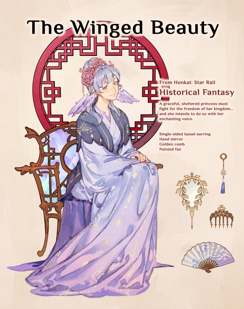 1girl, alternate_costume, black_jacket, chair, chinese_clothes, comb, dress, english_commentary, english_text, equipment_layout, eyeshadow, fanged_bangs, flower, folding_fan, full_body, green_eyes, hair_bun, hair_flower, hair_ornament, hair_stick, hand_fan, hand_mirror, hanfu, head_wings, highres, honkai:_star_rail, honkai_(series), jacket, jewel_under_eye, lattice, layered_sleeves, long_sleeves, looking_at_viewer, makeup, medium_hair, mirror, open_clothes, open_jacket, own_hands_together, pink_flower, pink_rose, purple_dress, purple_hair, qujupao, red_eyeshadow, robin_(honkai:_star_rail), rose, short-sleeved_jacket, short_over_long_sleeves, short_sleeves, sideways_glance, single_hair_bun, sitting, smile, solo, tassel, velinxi, white_wings, wings, yellow_background
