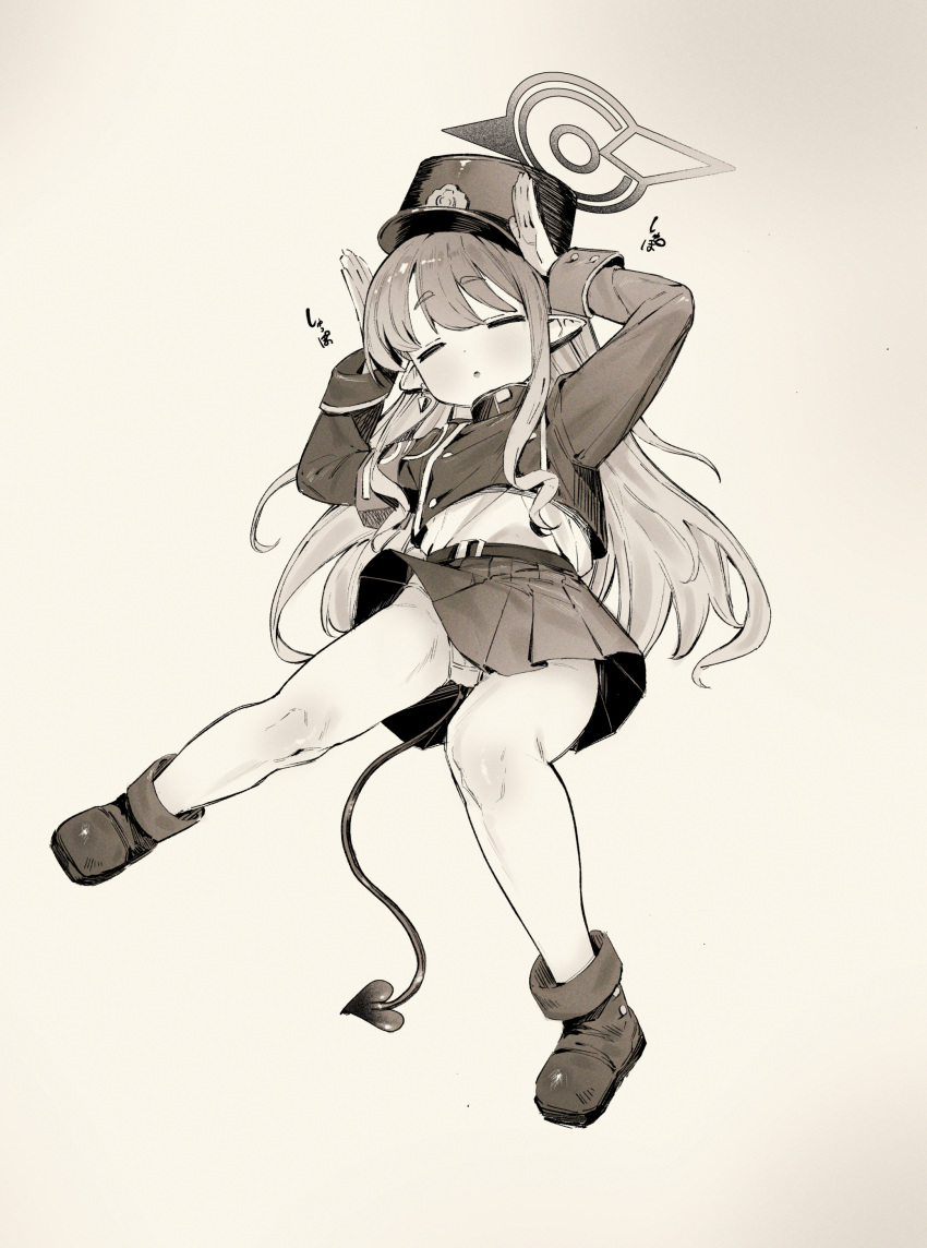 1girl, absurdres, blue_archive, closed_eyes, commentary_request, demon_tail, earrings, full_body, gloves, greyscale, halo, hat, highres, hikari_(konomini), jacket, jewelry, long_hair, monochrome, panties, pointy_ears, shoes, shuru_y, sidelocks, solo, tail, underwear