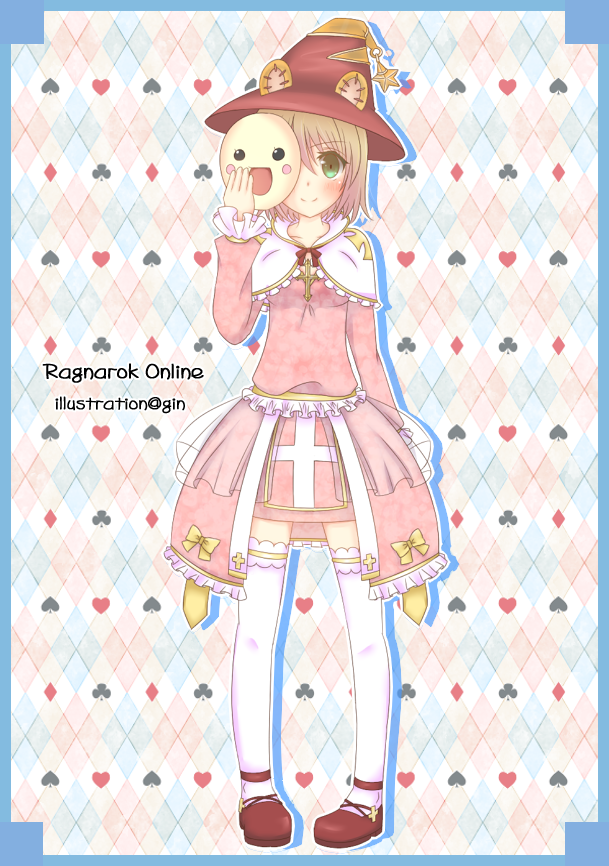 1girl, animal_ears, arch_bishop_(ragnarok_online), argyle_background, blue_border, blush, border, bow, breasts, brown_hair, brown_hat, closed_mouth, club_(shape), commentary_request, cross, diamond_(shape), dress, dress_bow, fake_animal_ears, frilled_dress, frilled_sleeves, frilled_thighhighs, frills, full_body, ginn0613v, green_eyes, hat, heart, holding, holding_mask, looking_at_viewer, mask, medium_breasts, official_alternate_costume, pink_dress, ragnarok_online, red_shoes, sash, shoes, short_hair, smile, solo, spade_(shape), thigh-highs, two-tone_dress, white_thighhighs, witch_hat, yellow_bow, yellow_sash