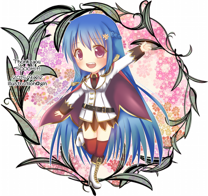 1girl, :d, black_necktie, blazer, blue_hair, blush, boots, braid, breasts, brown_skirt, cape, collared_shirt, commentary_request, dated, floral_background, full_body, genetic_(ragnarok_online), ginn0613v, half_up_braid, high_heel_boots, high_heels, jacket, lace-up_boots, long_hair, looking_at_viewer, medium_breasts, milestone_celebration, miniskirt, necktie, official_alternate_costume, open_mouth, ragnarok_online, red_cape, red_shirt, red_thighhighs, shirt, skirt, smile, solo, thigh-highs, very_long_hair, violet_eyes, white_boots, white_jacket, wreath