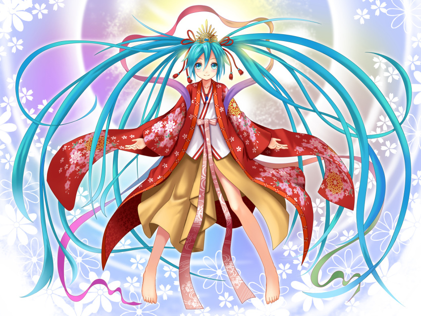 aqua_eyes, aqua_hair, bare_legs, barefoot, blue_eyes, blue_hair, feet, flower