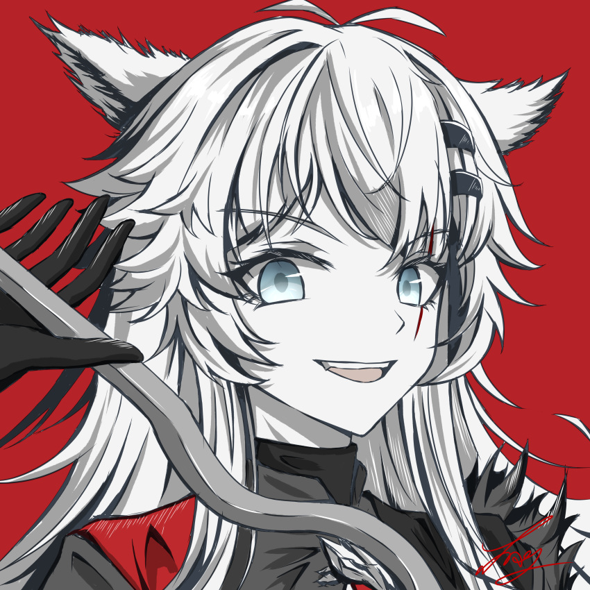 1girl, :d, absurdres, animal_ears, argentrt, arknights, black_gloves, blue_eyes