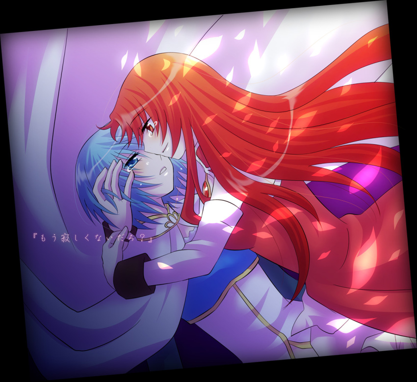 alternate_hairstyle, blue_eyes, blue_hair, bust, cape, detached_sleeves, hand_on_another's_face, hand_on_face