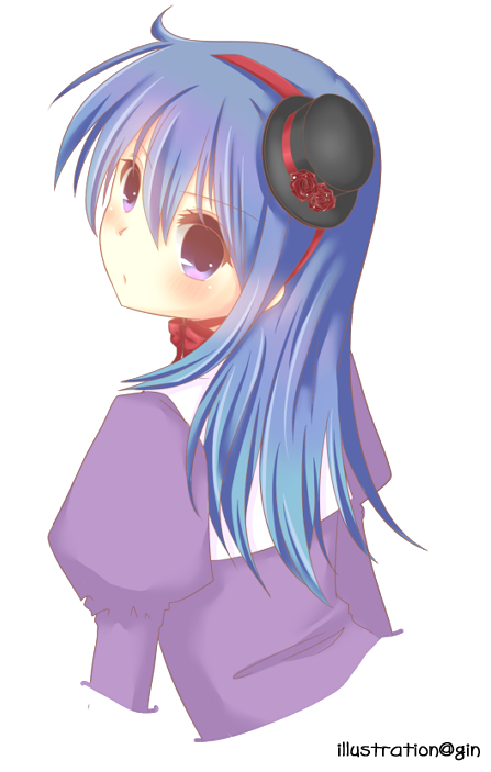 1girl, black_hat, blue_hair, blush, closed_mouth, commentary_request, dress, frown