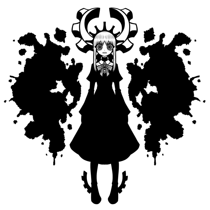 1girl, deus_ex_maki-chan, dress, full_body, high_contrast, highres, horns, inkblot_test