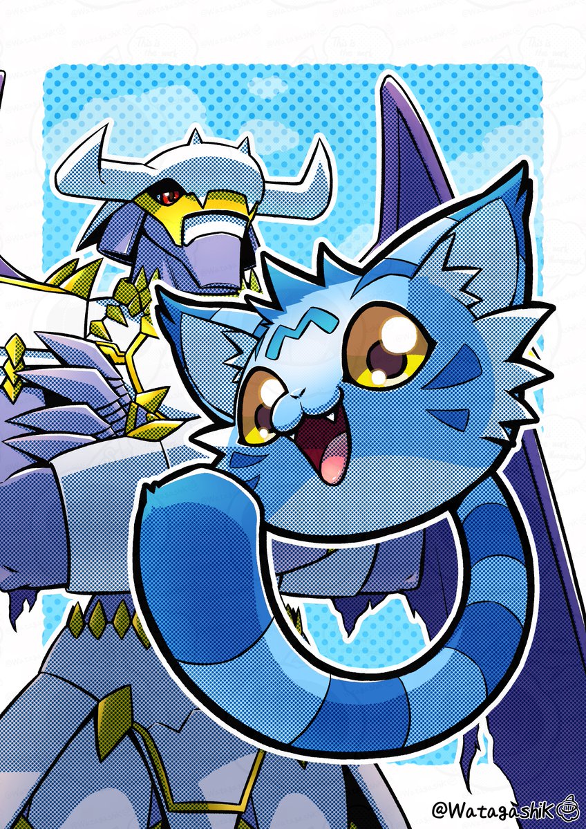 armor, blue_background, blue_fur, body_fur, crossed_arms, digimon, digimon_(creature), dynasmon