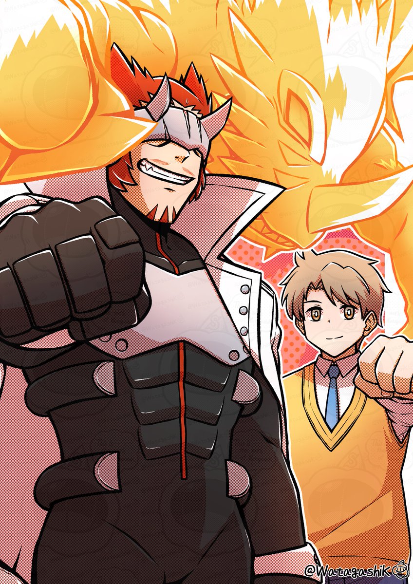 2boys, brown_eyes, brown_hair, clenched_hand, cowboy_shot, digimon, digimon_knuckles, gankoomon, hinukamuy, looking_at_viewer, male_focus, multiple_boys, red_hair, smile, twitter_username, watagashikn