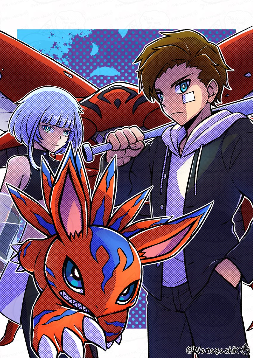 baseball_bat, black_jacket, black_shirt, blue_eyes, blue_hair, brown_hair, bug, cowboy_shot