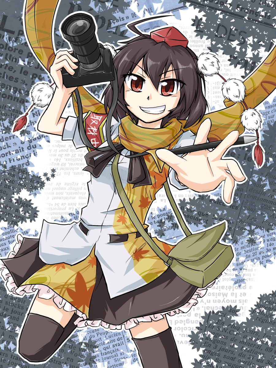 ahoge, camera, grin, highres, ok-desuka, pen, scarf, shameimaru_aya, smile, solo, thighhighs, touhou