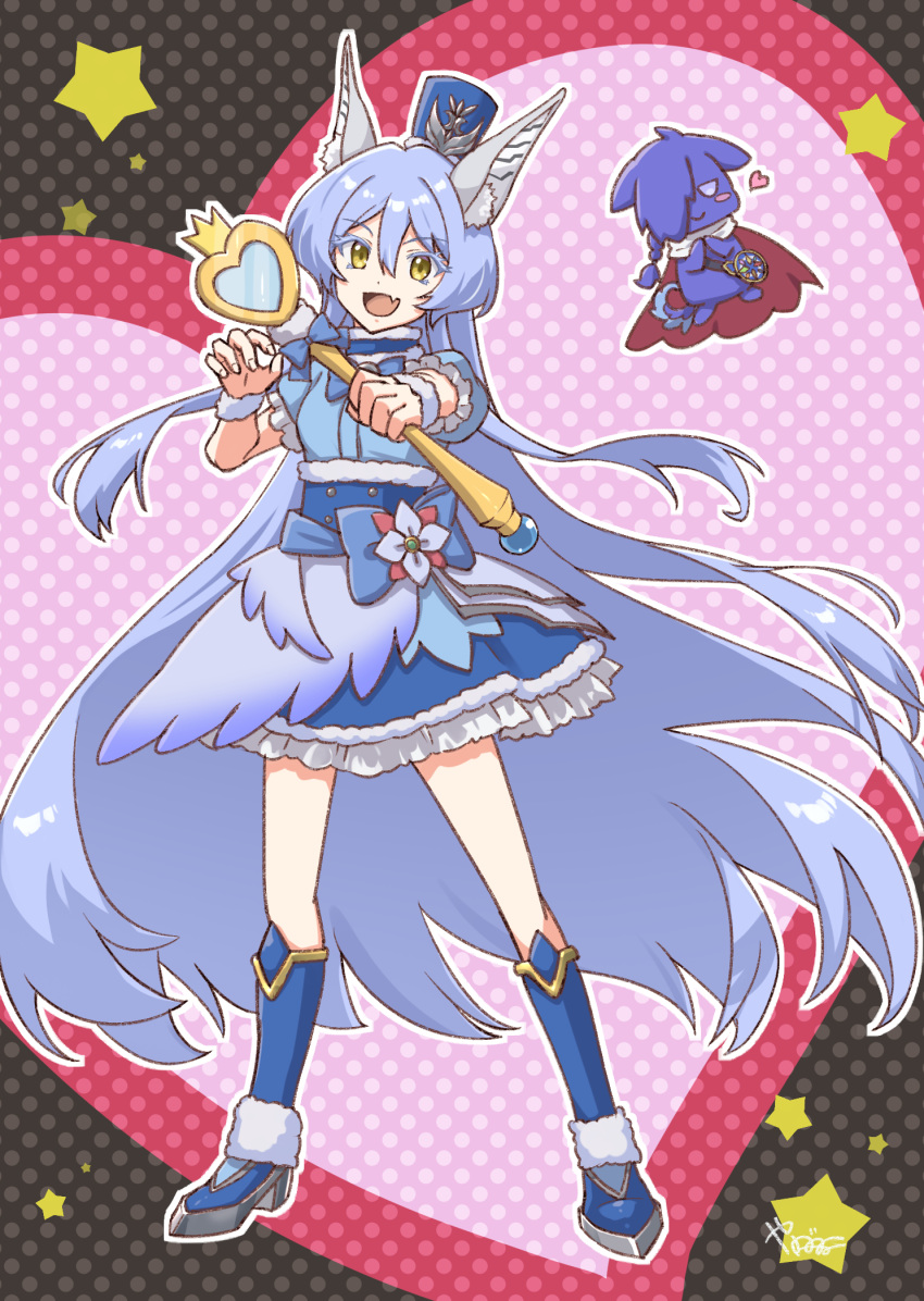 1girl, animal_ears, blue_dress, blue_hair, dress, full_body, heart, highres, holding, holding_wand, long_hair, magical_girl, pink_background, rosie_mist, sentai_red_ga_isekai_de_boukensha_ni_naru, solo_focus, star_(symbol), teltina_liz_wagrel_alvarost, very_long_hair, wand, yanagimachi, yellow_eyes
