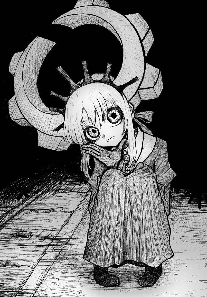 1girl, absurdres, dark, deus_ex_maki-chan, dress, full_body, gloves, greyscale