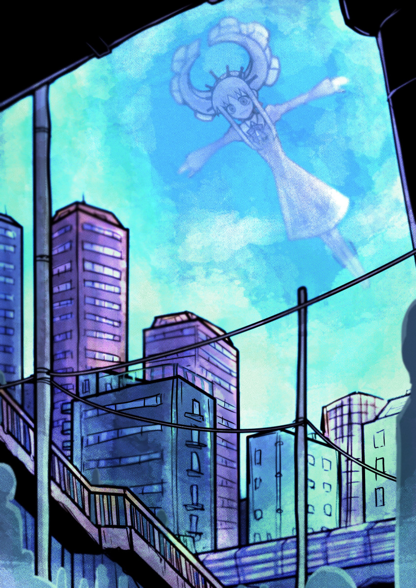 1girl, absurdres, blue_sky, building, city, clouds, crowd, deus_ex_maki-chan
