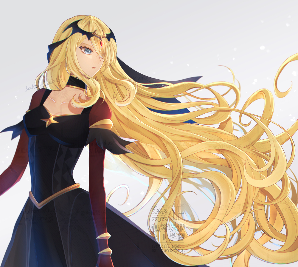 1girl, black_dress, blonde_hair, blue_eyes, breasts, collarbone, cowboy_shot, cynthia_(pokemon)