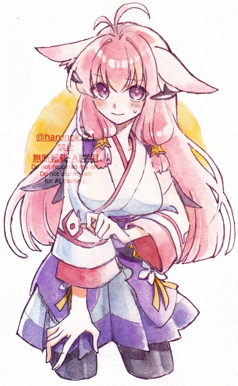 1girl, alternate_costume, animal_ears, antenna_hair, black_pantyhose, breasts, cosplay, harunok121, highres, hina_(rune_factory), horns, japanese_clothes, kimono, long_hair, looking_at_viewer, medium_breasts, miniskirt, pantyhose, pink_hair, purple_skirt, rune_factory, rune_factory:_guardians_of_azuma, rune_factory_5, self_cosplay, skirt, solo, undersized_clothes, violet_eyes, white_kimono