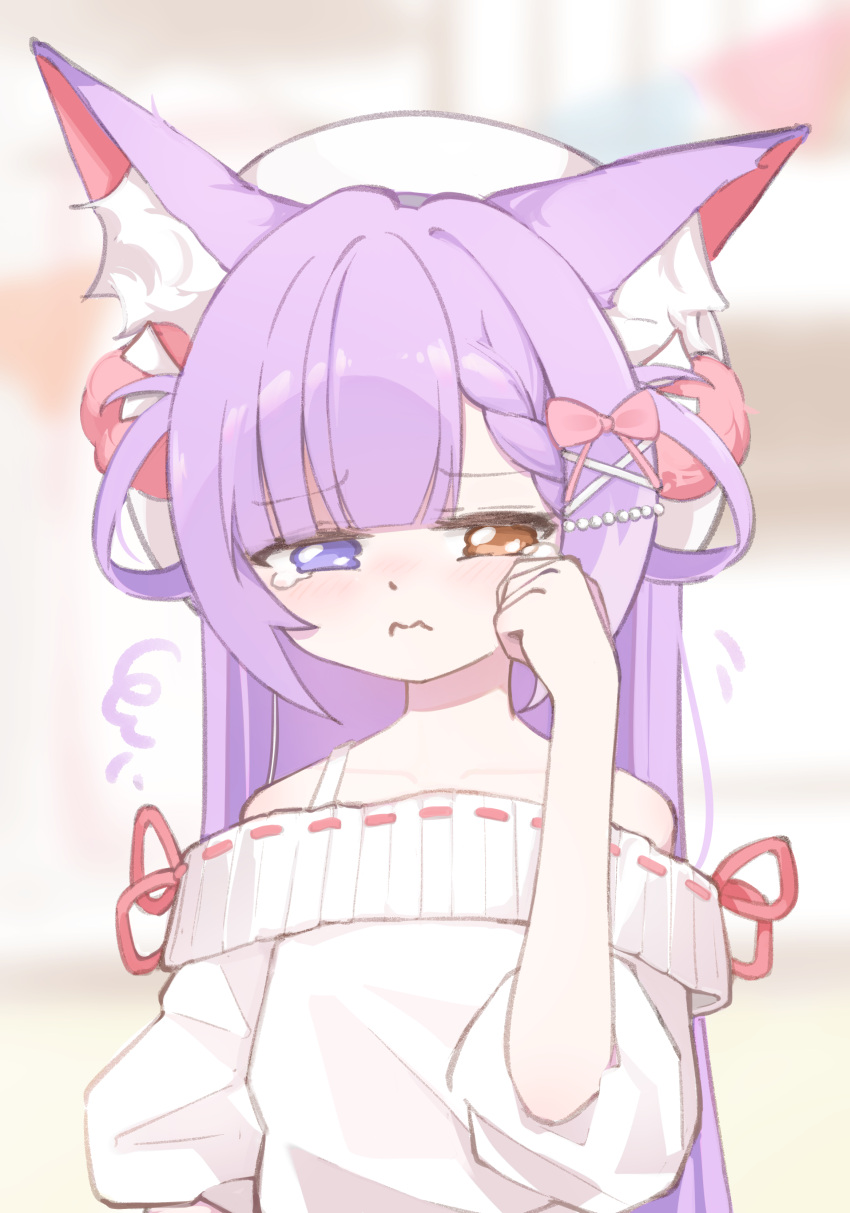 1girl, 3:, absurdres, animal_ear_fluff, animal_ears, blue_eyes, braid, closed_mouth, collarbone, electromocha, fox_ears, fox_girl, heterochromia, highres, purple_hair, solo, stellive, tenko_shibuki, virtual_youtuber, yellow_eyes