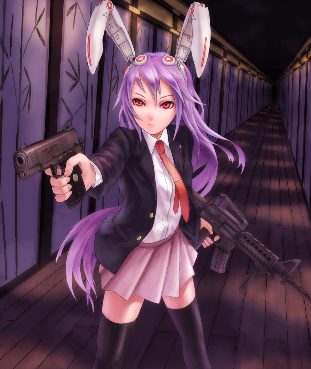 aiming, animal_ears, assault_rifle, bad_id, black_legwear, black_thighhighs, bunny_ears, colt_m1911