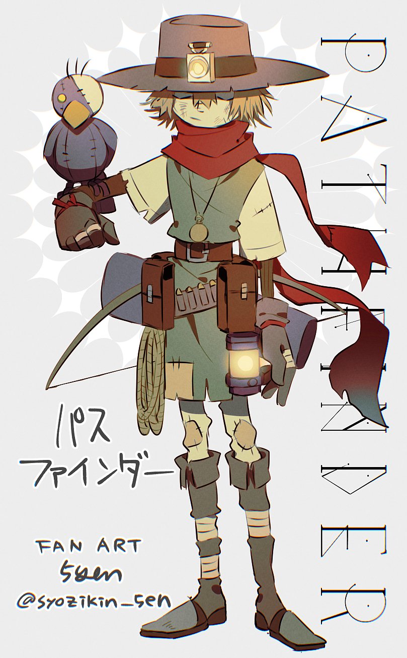 1boy, 5-en, digimon, digimon_(creature), full_body, grey_background, hat, highres