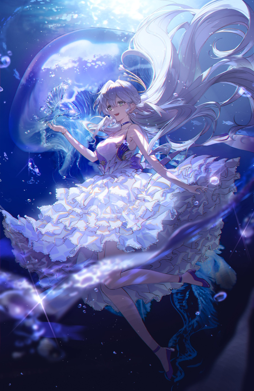 1girl, absurdres, air_bubble, alternate_costume, aqua_eyes, bare_shoulders, bubble, choker