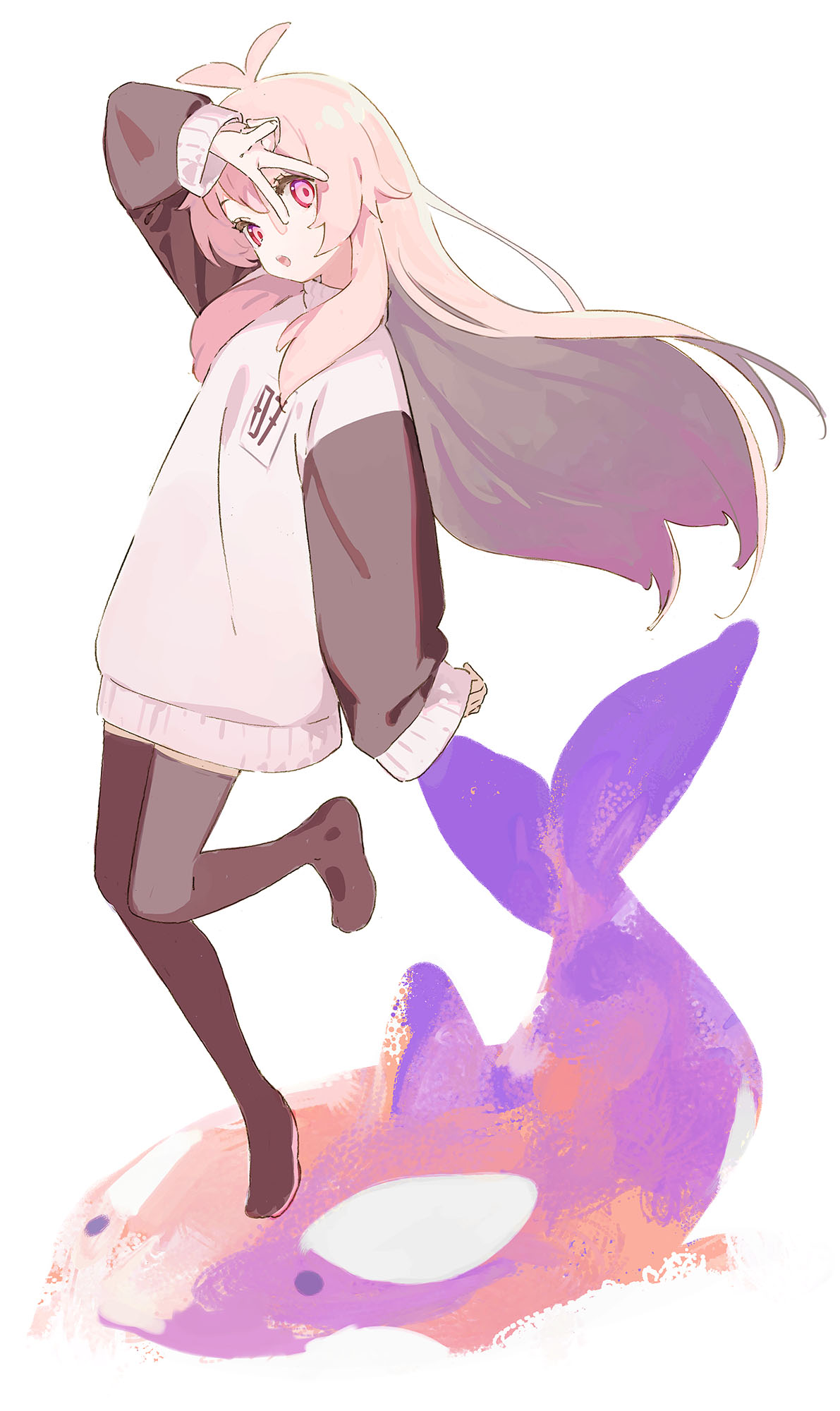 1girl, :o, ahoge, animal, antenna_hair, arm_at_side, arm_up, baggy_clothes