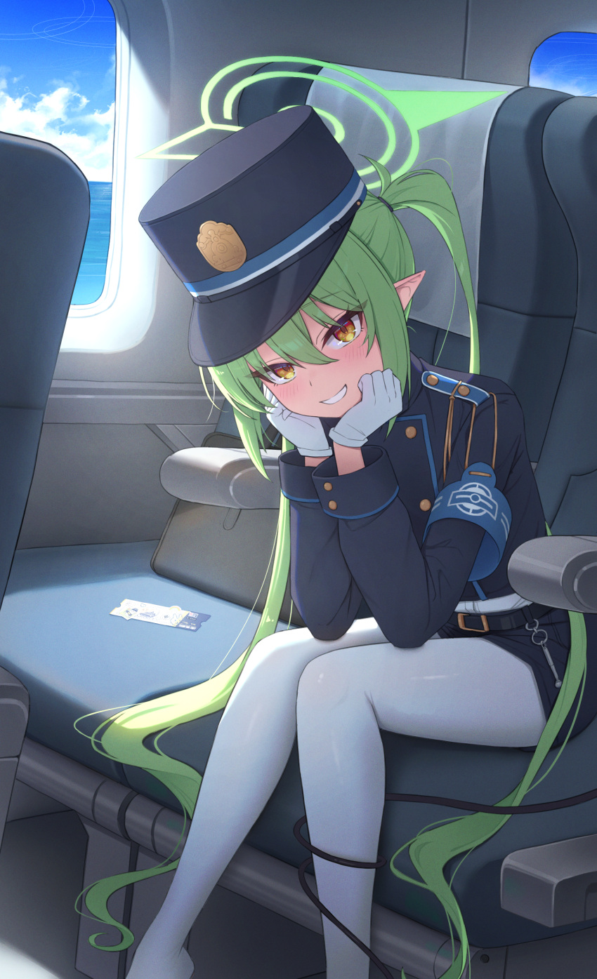 1girl, absurdres, aircraft, airplane, armband, belt, black_belt, black_hat