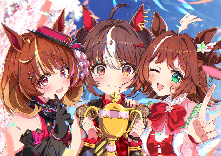 3girls, :d, ;d, absurdres, ahoge, animal_ears, black_gloves, brown_hair