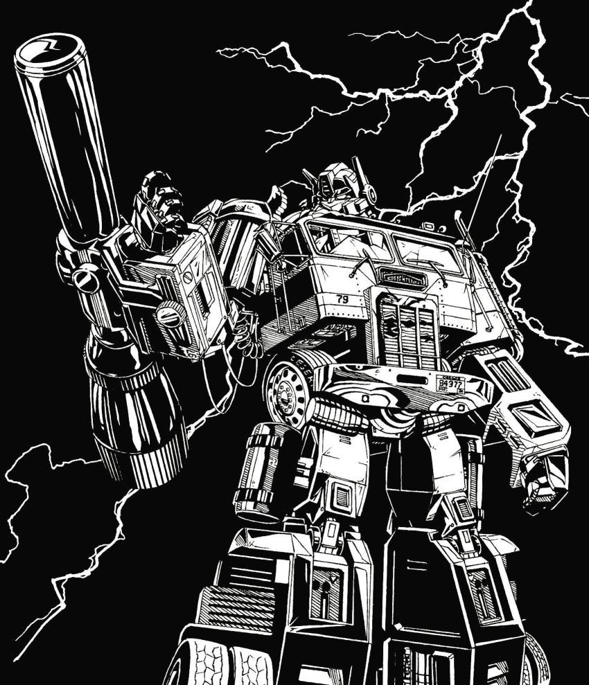 arm_cannon, autobot, black_background, cable, clenched_hand, english_commentary, greyscale, highres