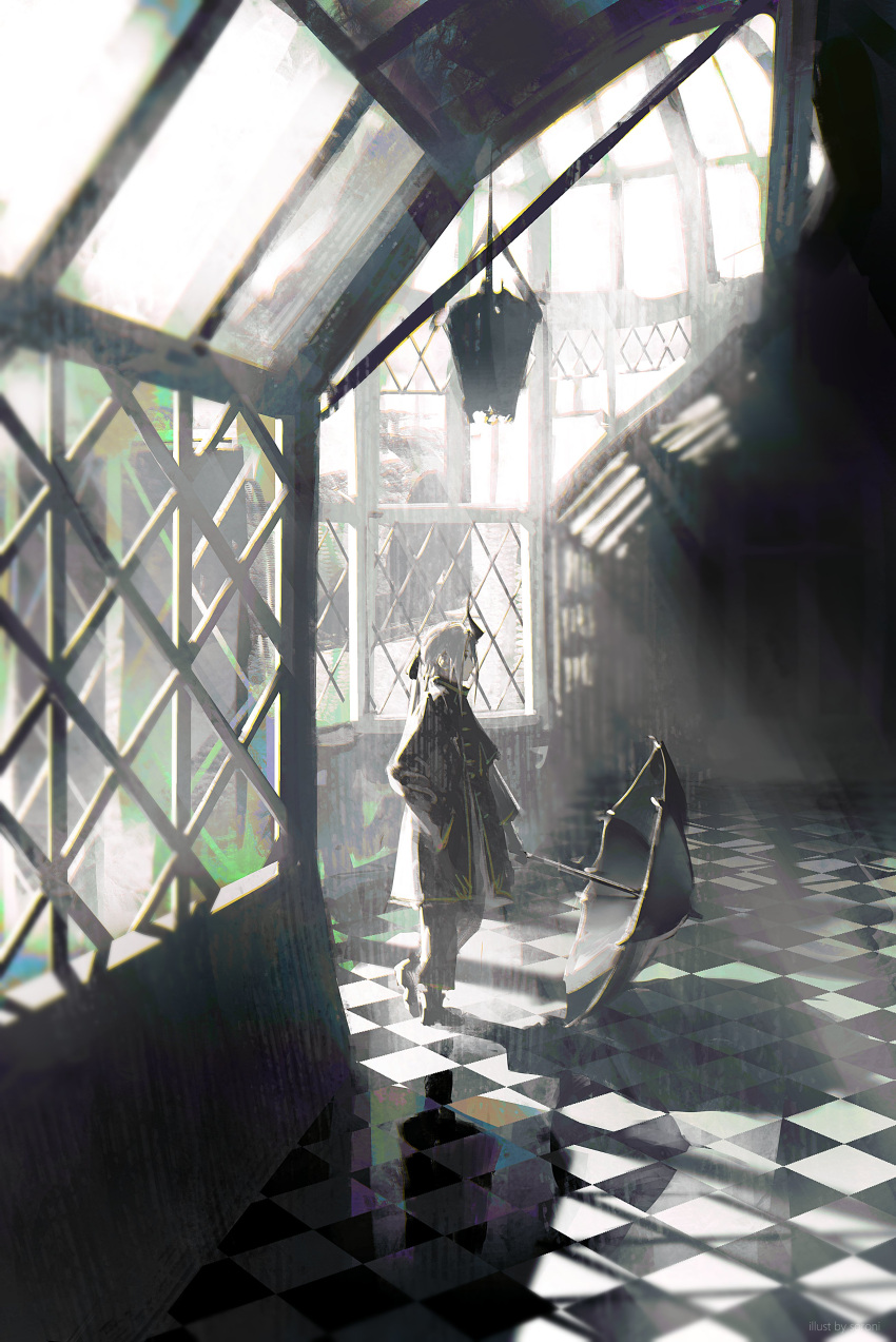 1girl, absurdres, black_coat, black_pants, character_request, checkered_floor, coat, copyright_request, full_body, grey_hair, hand_in_pocket, highres, holding, holding_umbrella, horns, open_umbrella, pants, solo, sorrowny, umbrella, walking